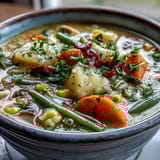 Velvety Amish Snow Day Soup with corn, potatoes, and thyme served beside crusty bread.