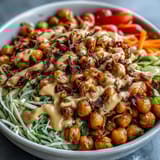 Colorful fresh vegetables and edamame top this nourishing Peanut Chickpea Protein Bowl, drizzled generously with a rich, savory peanut sauce.