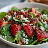 Fresh strawberry spinach salad with creamy goat cheese, candied pecans, and tangy balsamic dressing—perfect for Easter brunch.  