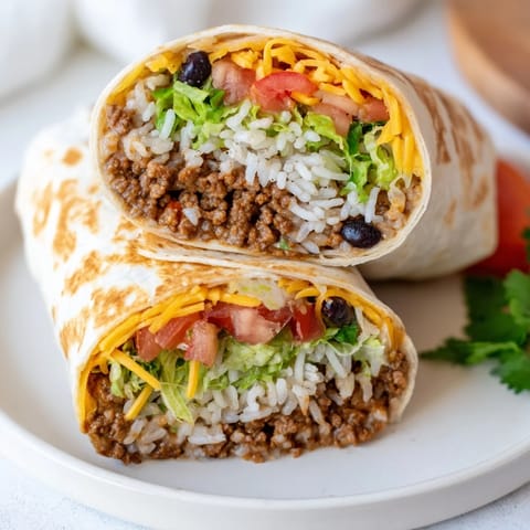 Cross-section of a homemade Beef Burrito revealing layers of fluffy rice, savory beef, hearty black beans, and gooey cheddar cheese, perfect for a satisfying weeknight dinner.