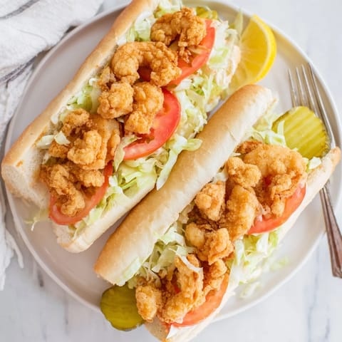 A classic Shrimp Po Boy sandwich, garnished with lemon wedges and dill pickles, served on a checkered board. 