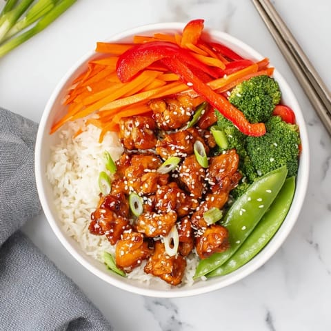 Colorful sautéed carrots, bell peppers, and crisp broccoli mix with tender chicken in a steaming Teriyaki Chicken Bowl.