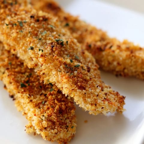 Golden-brown crispy panko chicken strips baked in the oven, arranged on a baking sheet with herbs and spices nearby.