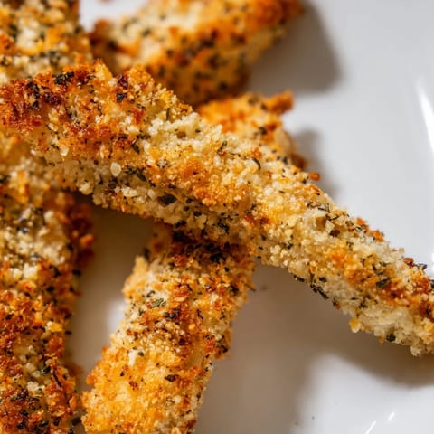 Herbed panko-crusted chicken tenders served on a platter with a side of creamy dipping sauce for family-style enjoyment.