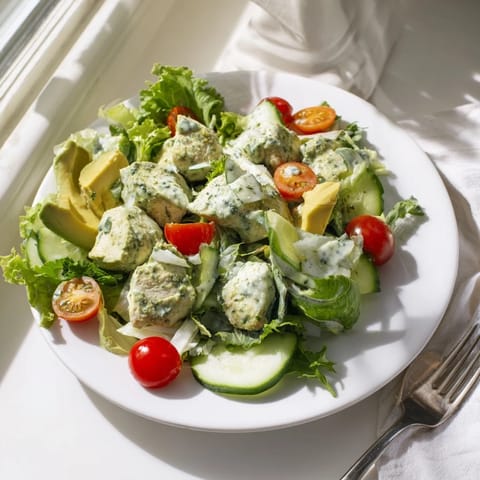 Tender baked chicken chunks coated in creamy Green Goddess dressing, served over crisp mixed greens with cherry tomatoes and avocado slices.