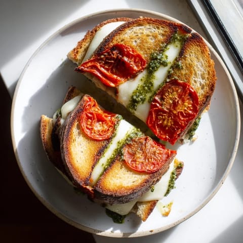 Served hot and sliced diagonally, this vegetarian Roasted Tomato Pesto Grilled Cheese highlights caramelized tomato slices and herby pesto spread between crispy, buttery bread.  