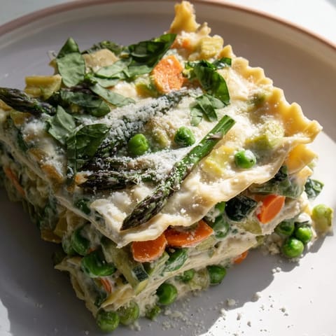 Golden, bubbling layers of Spring Veggie Alfredo Lasagna with tender asparagus, carrots, and spinach peeking through creamy cheese.