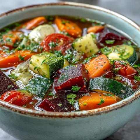 Close-up of vibrant Rainbow Vegetable Detox Soup bowl, bursting with colorful ingredients.