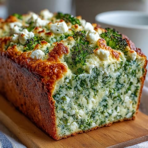 Golden brown Broccoli and Feta Loaf, moist with tender green florets, ready to slice hot.