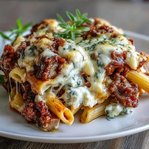 Savory High Protein Italian Beef and Pasta Bake, bubbling with cheese after baking.