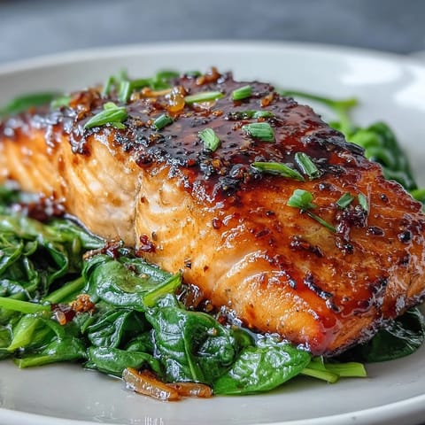 Miso salmon on sautéed spinach, a weeknight dinner delight with tender fish and vibrant greens.