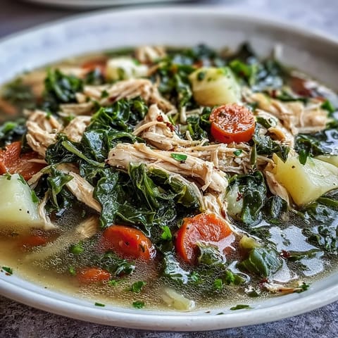 Hearty Collard Greens Chicken and Vegetable Soup in a steaming bowl.