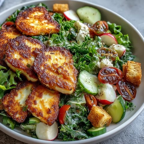 Tangy sumac dressing coats this Halloumi Blood Orange Fattoush with crunchy croutons and fresh greens.