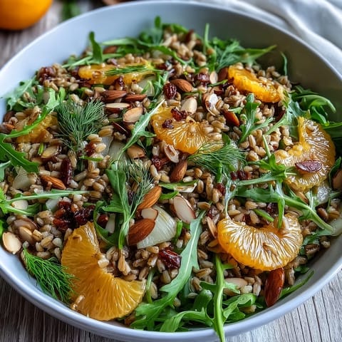 Taste this vibrant farro salad with fennel, oranges, and almonds, a perfect side dish.