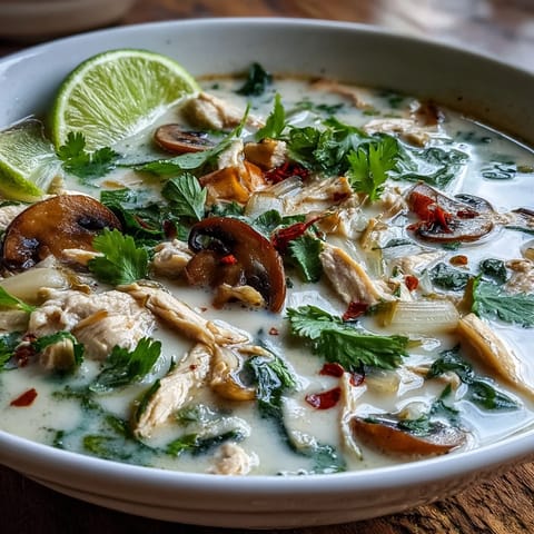 Authentic Tom Kha Gai soup garnished with fresh cilantro and lime wedges, paired with a side of fluffy jasmine rice.