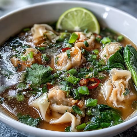 Steaming bowls of Tom Yum Wonton Soup feature plump, translucent dumplings and sliced shiitake mushrooms in a clear, aromatic Thai broth.