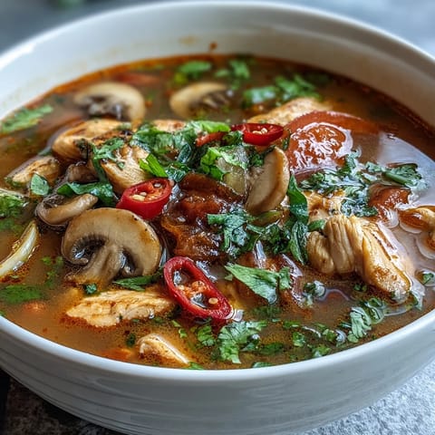 Hot Tom Yum Gai soup in a white ceramic bowl, garnished with fresh cilantro and lime wedges for serving.