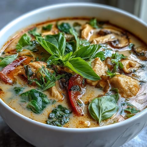 Red curry paste, ginger, and tender chicken thighs flavor this aromatic Thai Coconut Curry Soup garnished with cilantro.