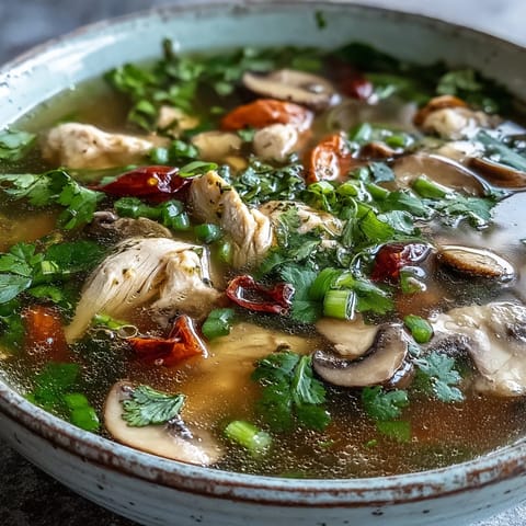 Bright green cilantro and spring onions garnish this spicy and sour Thai soup, served hot with lime wedges on the side and a spoon ready to scoop up the flavorful broth.