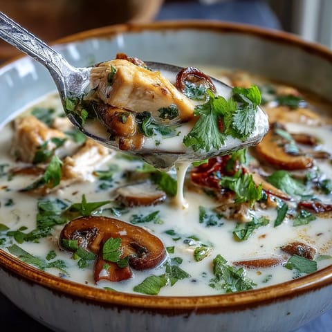 Steaming bowl of Tom Kha Soup garnished with cilantro and lime wedges.