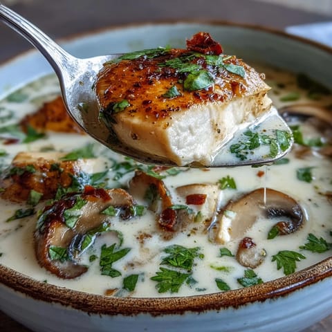 Creamy Tom Kha Soup features tender chicken, mushrooms, and aromatic Thai herbs.