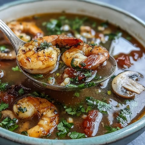A steaming bowl of Tom Yum Soup garnished with fresh shrimp, mushrooms, and cilantro, next to lime wedges.