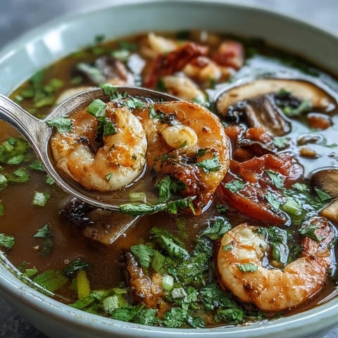 Spicy and sour Tom Yum Soup with vibrant red broth, sliced Thai chiles, and herbs in a rustic bowl.