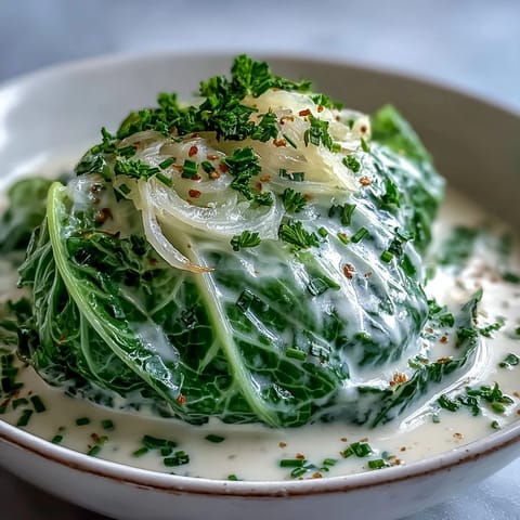 Tender wedges of Herby Cabbage in Parmesan Broth garnished with parsley and chives beside a napkin.
