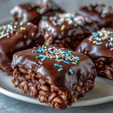 Golden squares of Chocolate Covered Rice Krispy Treats topped with rainbow sprinkles, ready to slice and serve at a birthday party.