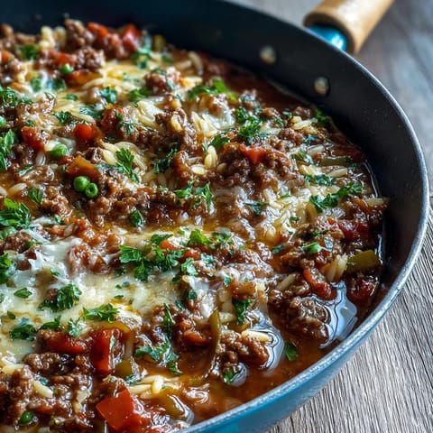 Bubbling Comforting Ground Beef Orzo Dinner topped with fresh parsley and melted Parmesan, served on a rustic table. 