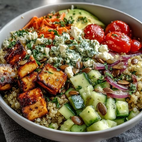 A vibrant, nourishing grain bowl topped with diced cucumber, shredded carrots, fresh herbs, and pumpkin seeds.