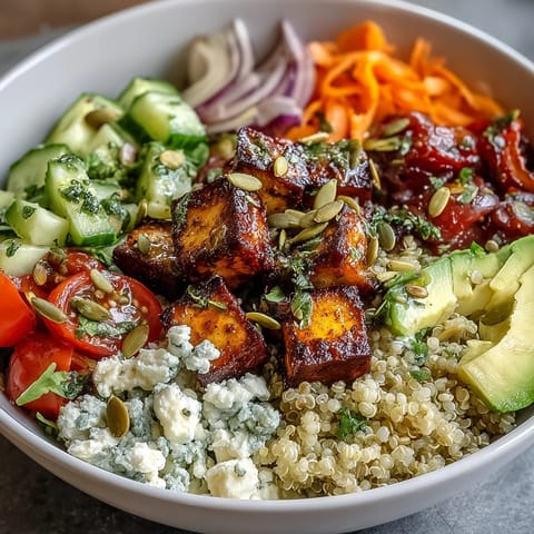 Simple grain bowl with fluffy quinoa, chickpeas, avocado, and cherry tomatoes, drizzled with lemony dressing.