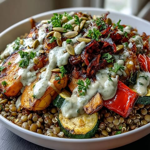 Lentil Power Bowl with tender lentils, grains, and caramelized roasted vegetables topped with creamy tahini dressing.