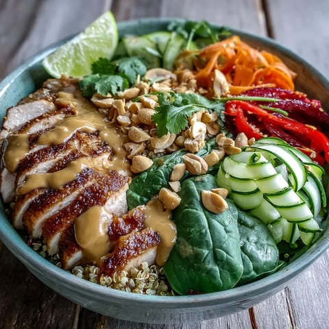 A creamy peanut sauce is drizzled over the warm grains and tender meat, with fresh cilantro and lime wedges on the side.