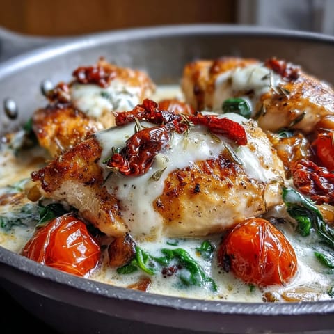 Creamy Tuscan Chicken Skillet with golden seared chicken in a rich garlic cream sauce, served with wilted spinach and sun-dried tomatoes.
