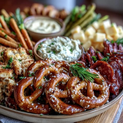 Game Day Baseball Snack Board with Pretzels and Dips arranged on a rustic wooden platter, featuring soft pretzels, savory dips, and colorful veggies for sharing.