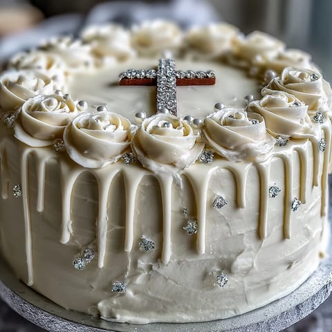 Elegant First Communion Cake with white roses and cross topper, perfect for a sacred celebration