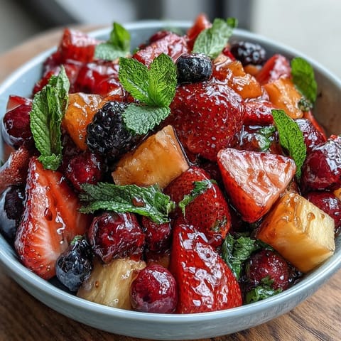 A colorful bowl of strawberry lemonade fruit salad with fresh strawberries, blueberries, and juicy watermelon, drizzled with tangy lemonade dressing.