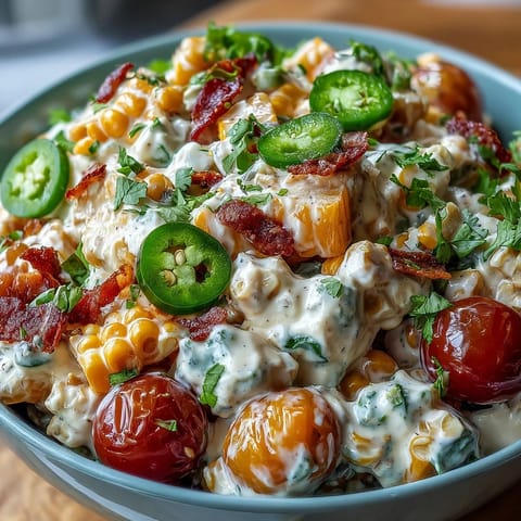 A refreshing bowl of Creamy Corn Salad with Jalapeño, bursting with fresh vegetables and zesty flavors.