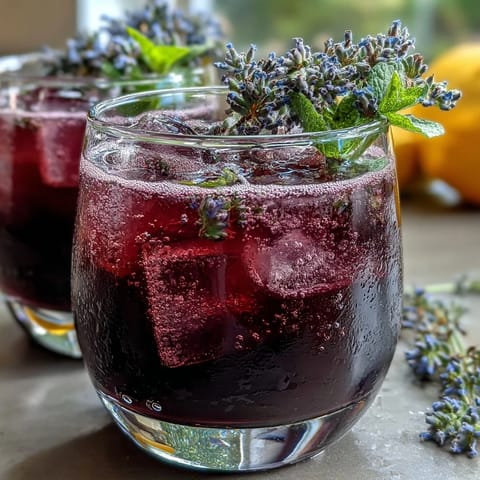 Aromatic lavender and mint-infused lemonade, served over ice with lemon slices.  