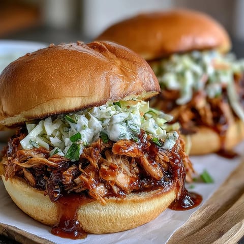 1. Juicy pulled BBQ chicken piled high on a soft brioche bun, topped with creamy coleslaw for the ultimate summer sandwich.  