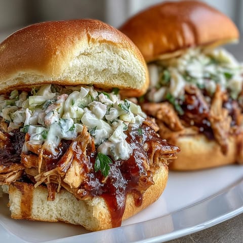 2. Slow-cooked shredded chicken drenched in tangy barbecue sauce, served on a toasted bun with a crunchy coleslaw topping.  