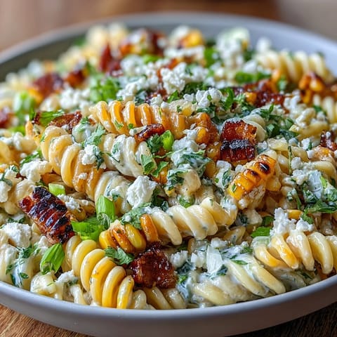 Creamy Elote Corn Pasta Salad with Cotija, fresh lime, and smoky spices in a vibrant bowl.