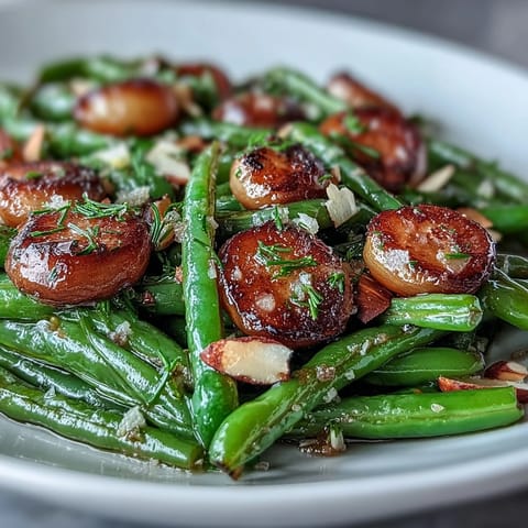 Golden roasted green beans tossed with garlic, finished with lemon zest and crunchy almonds