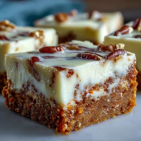 Velvety cheesecake layer meets moist carrot cake in these irresistible bars, topped with crunchy walnuts and a hint of cinnamon.