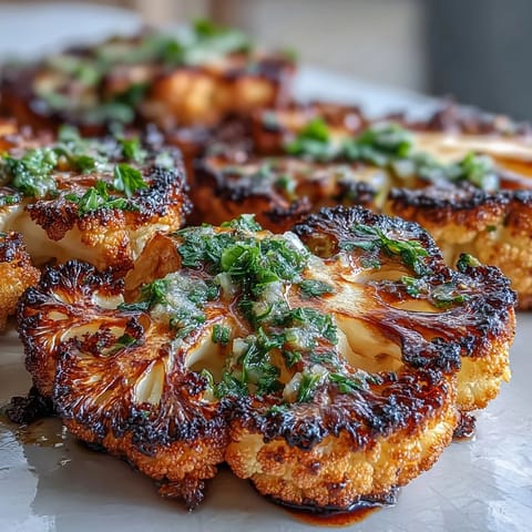 Smoky BBQ Cauliflower Steaks topped with vibrant, fresh chimichurri sauce.