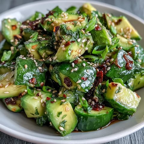 Vibrant smashed cucumber and avocado salad with toasted sesame seeds on top.