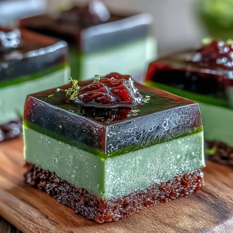 Vibrant Yokan Japanese red bean jelly with matcha layer, a beautiful two-toned chilled dessert.