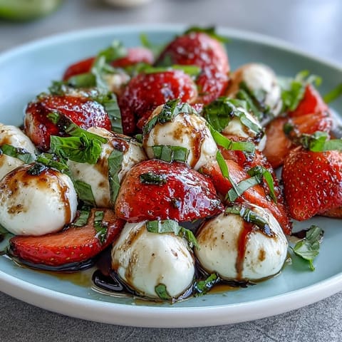 Vibrant Fresh Strawberry Caprese Salad, a light summer dish with basil and a sweet glaze.