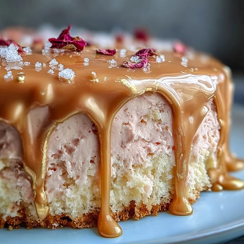 Decadent pink Rosé Velvet Cake, showcasing a luscious gold ganache drip.